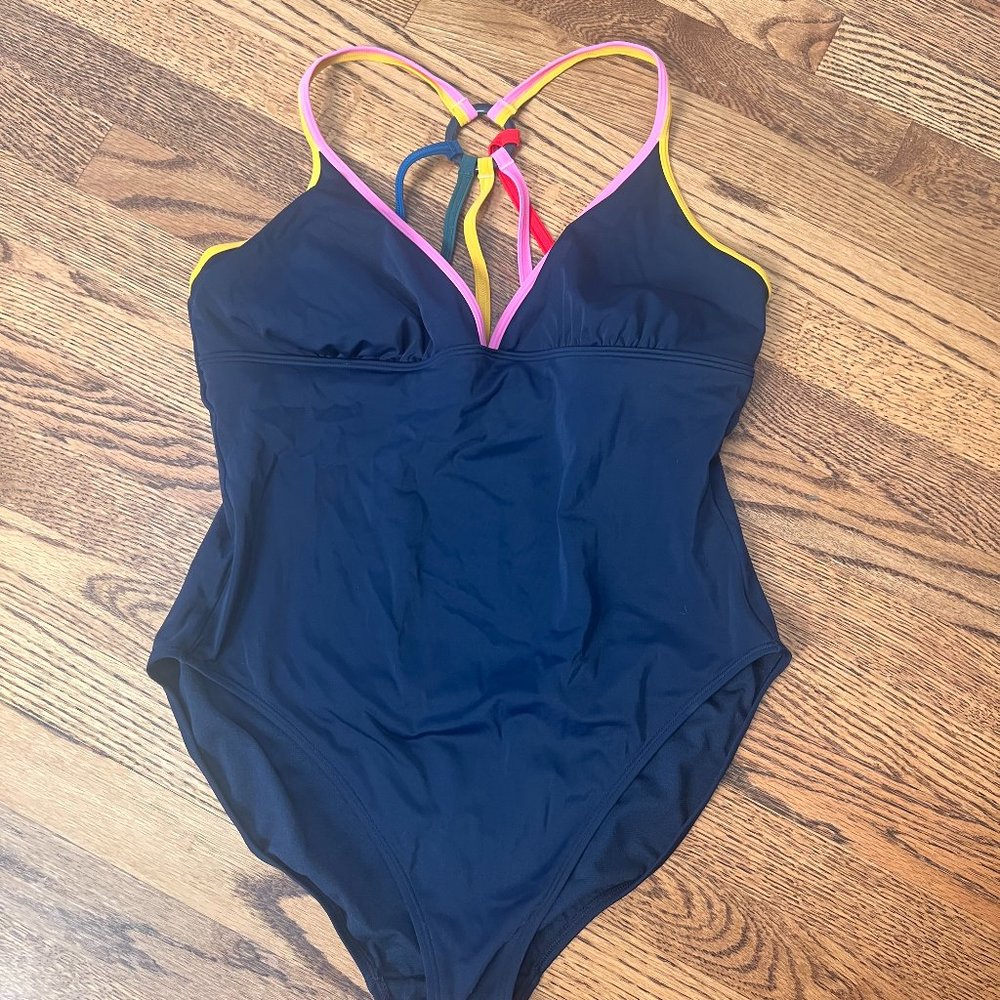 Boden Strappy Back One Piece Swimsuit size 14 Dark Navy Rainbow multi straps